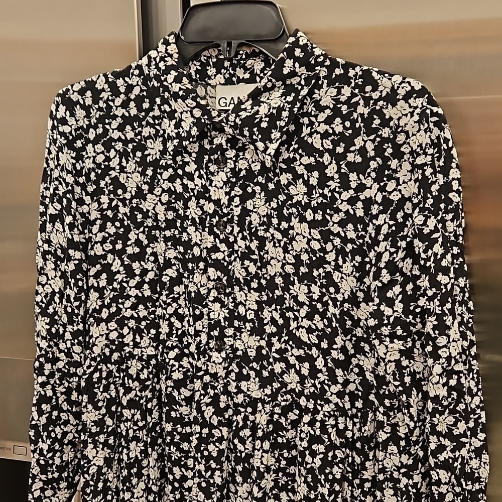 💕GANNI💕 Printed Crepe Layer Midi Dress ~ Viscose Black Floral Print 36 EU - Picture 13 of 16